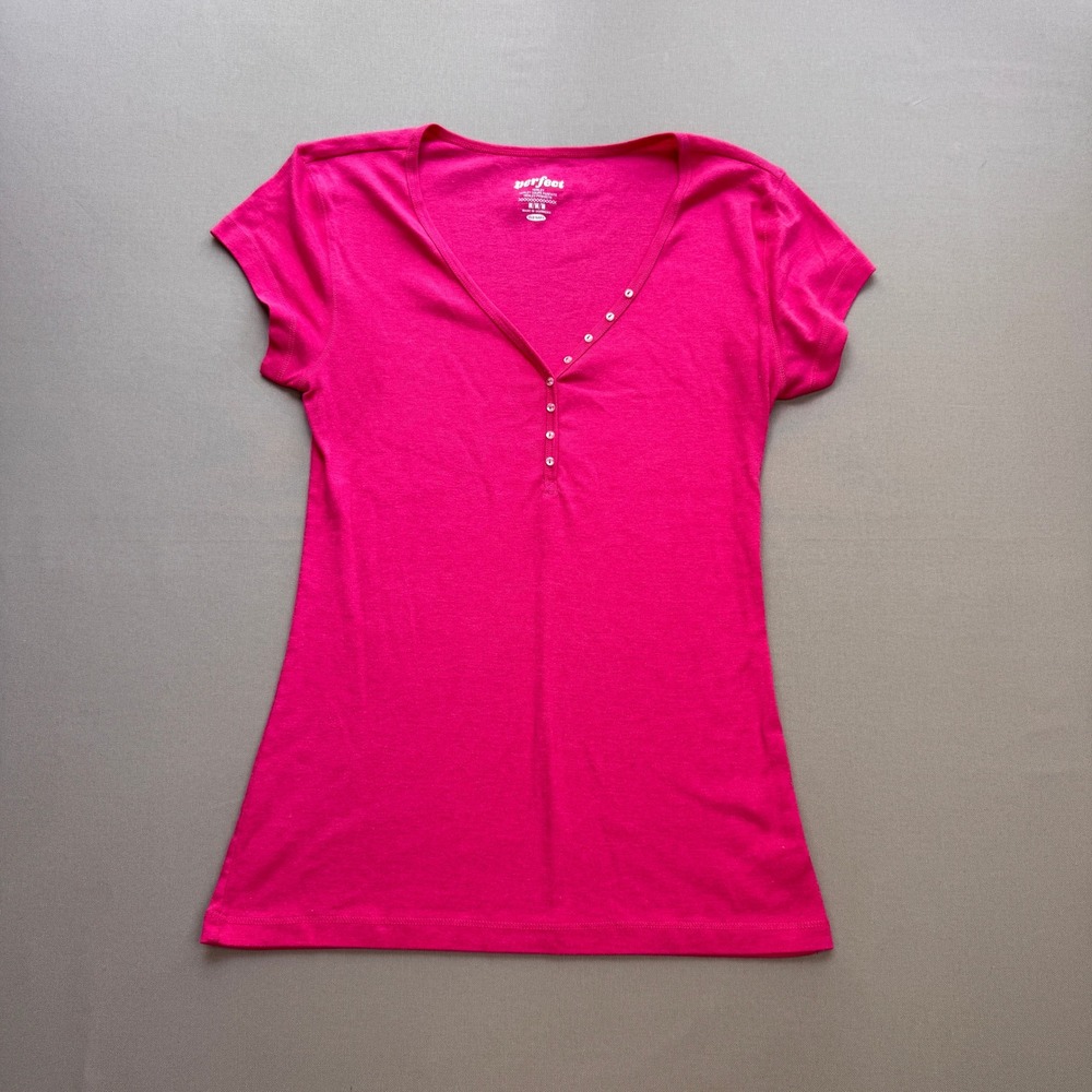Old Navy Perfect Henley Top Hot Pink V-Neck Short Sleeve Y2K Style Size M